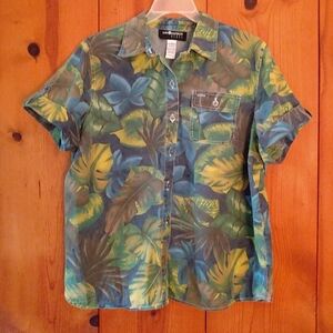 Sag Harbor Sport Woman Tropical Print Roll Tab Denim Shirt